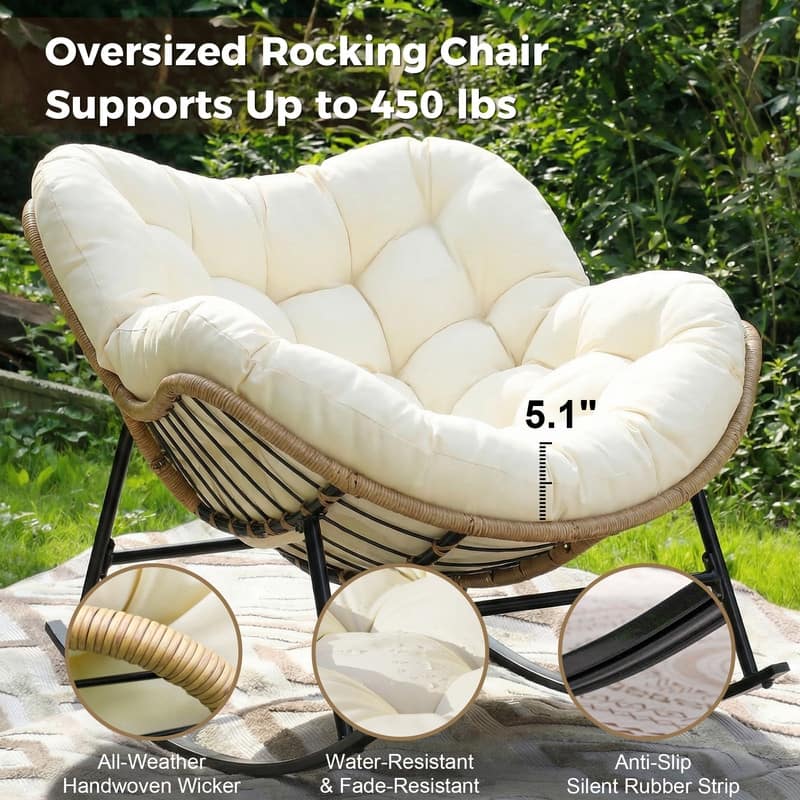 7-Piece Outdoor Boho Patio Furniture Set with Papasan Rocking Chair, Wicker Sectional Conversation Set with Ice Bucket Table