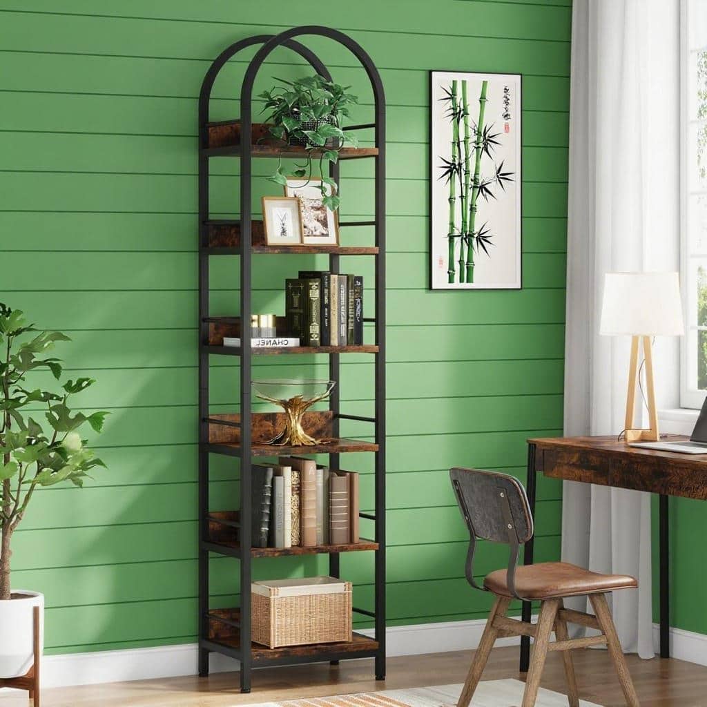 Rustic Brown Particleboard Metal 6 Tier Arched Corner Bookshelf - 17.32" L x 11.81" W x 78.74" H
