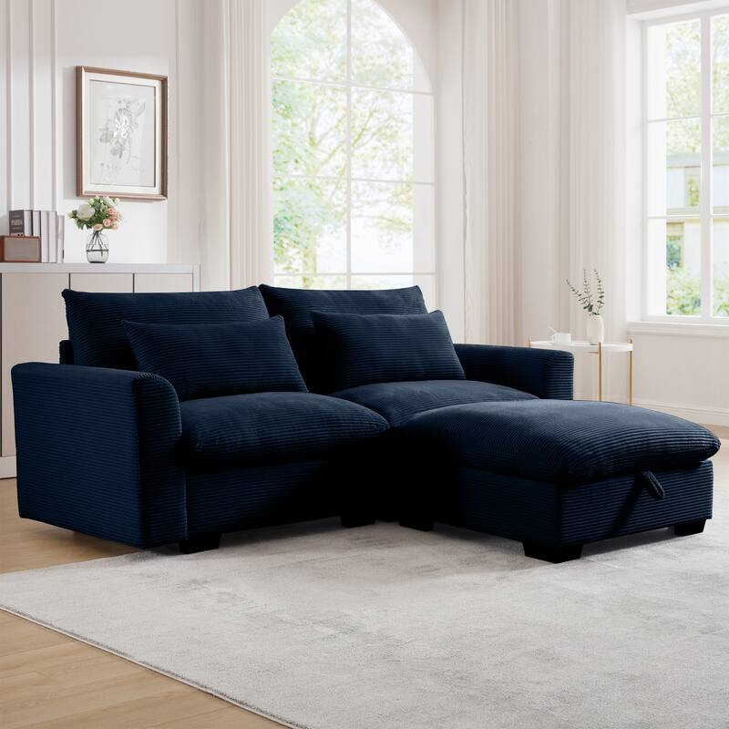 Modern L Shaped Modular Corduroy Sofa with Storage Ottoman and Plush Cushions for Living Room or Guest Room