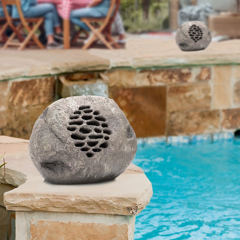 Alpine Corporation QLP952SLR-GR-2 Solar Bluetooth Enabled Rock Speaker, Audio for Pool, Deck, & Patio, 9"H, Gray, Set of 2