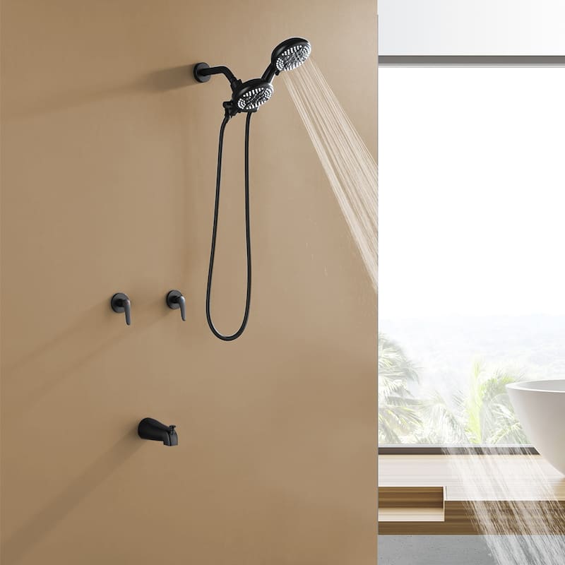 Wall Mount Shower Faucet with Tub Spout Brass 5-Setting Spray Dual Head Complete Shower System with Valve