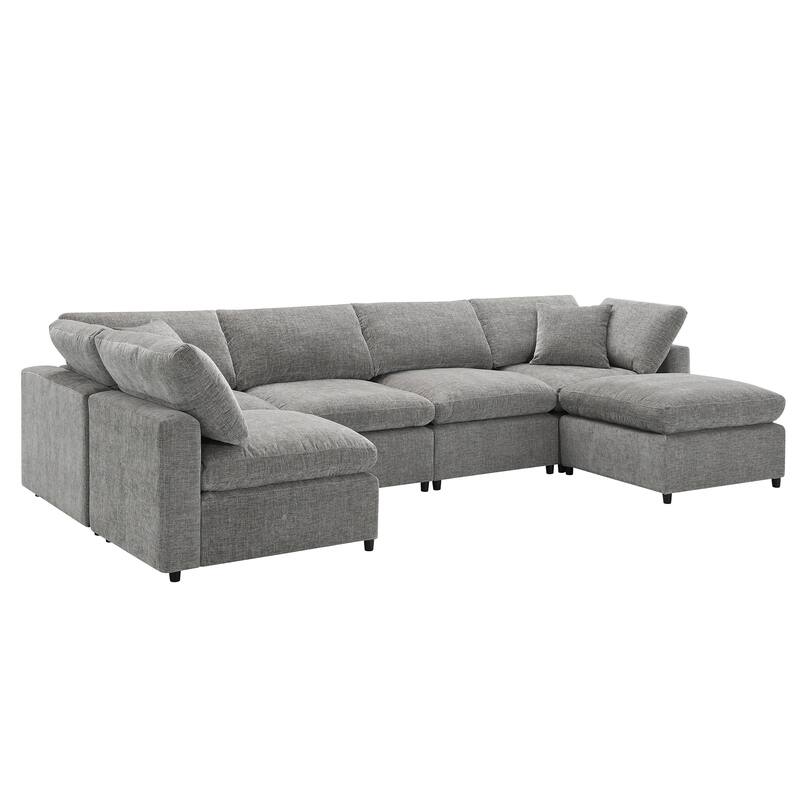Grey 130'' U-Shaped 6 Seater Modular Sectional Sofa with Ottoman, Convertible U-Shaped Sleeper, Customizable Layout