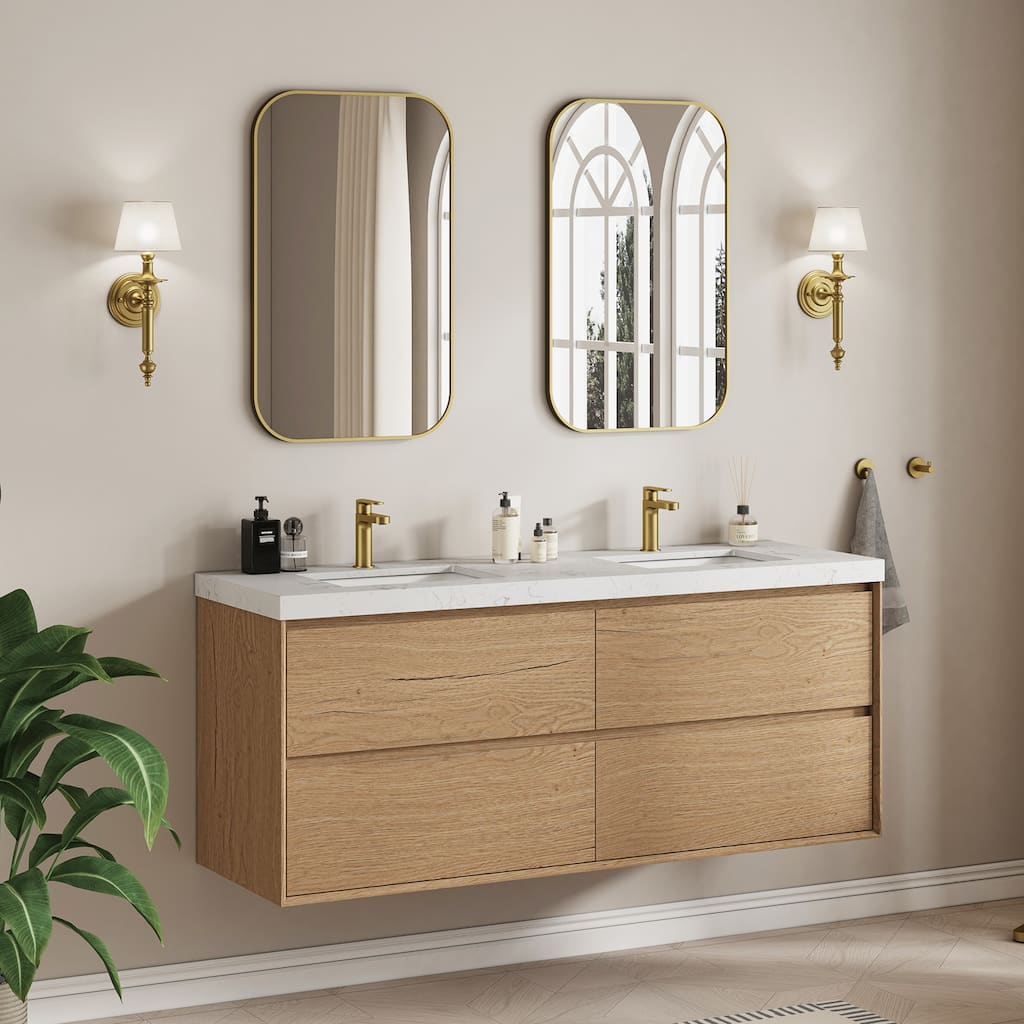 Sylphar 60 inch Bathroom Vanity with Sink, Floating Oak Cabinet with Stone Top