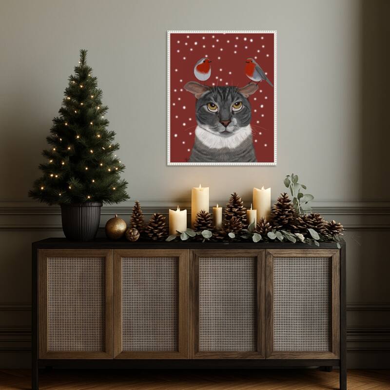 Grey Cat and Robins by Fab Funky (23 x 28 in.), Framed Canvas Wall Art Print - Sylvie Beaded White