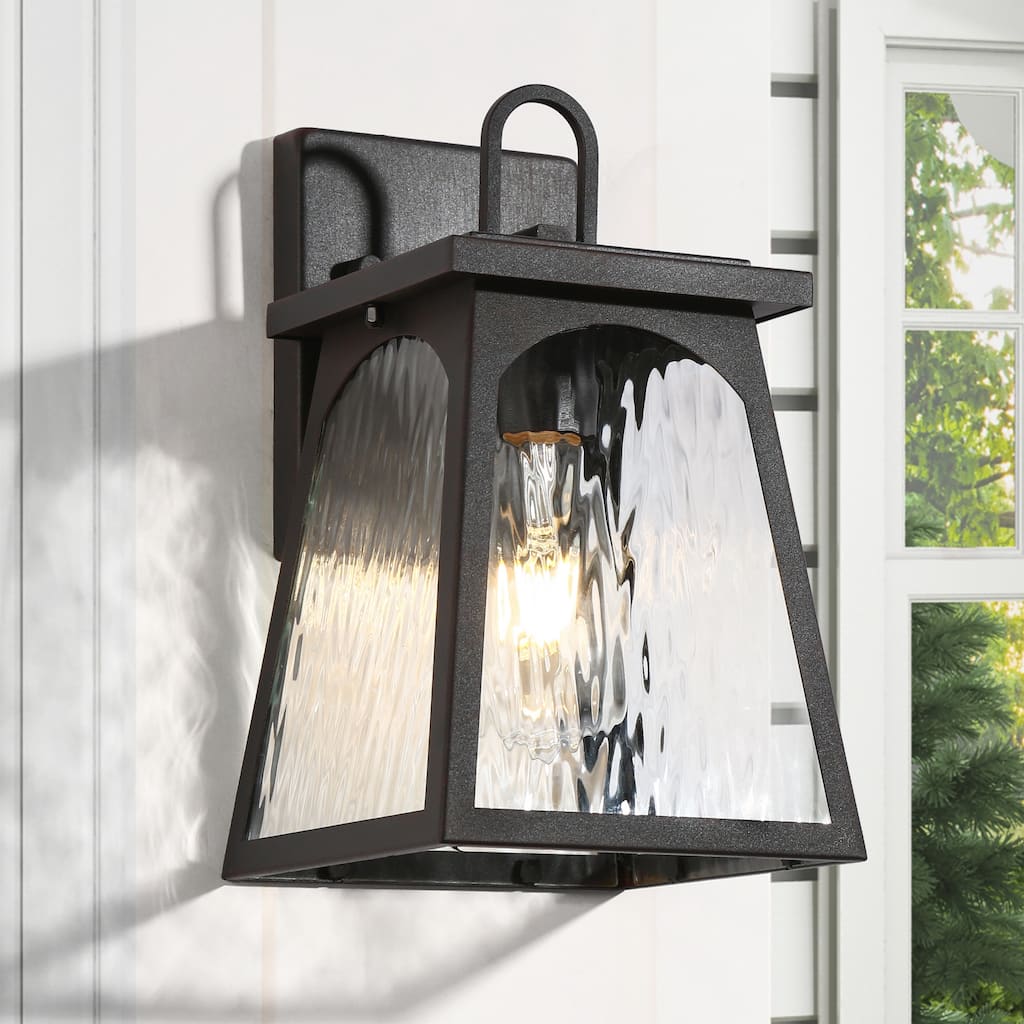 Modern Farmhouse 1-Light Black Outdoor Wall Sconce Water Ripple Glass Patio Lights - W 6.7" x H 11" x D 7.1"