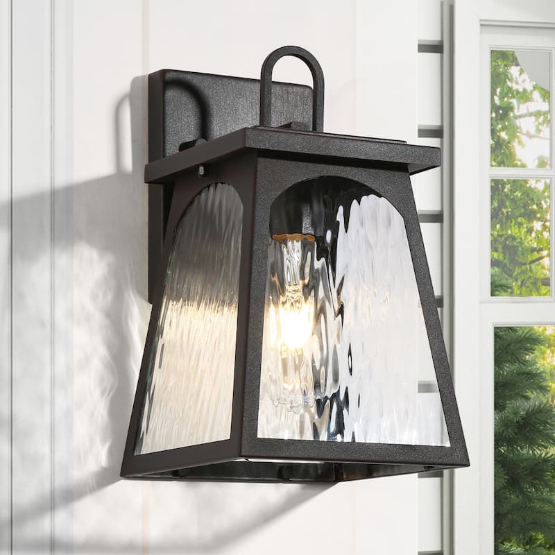 Modern Farmhouse 1-Light Black Outdoor Wall Sconce Water Ripple Glass Patio Lights - W 6.7" x H 11" x D 7.1"