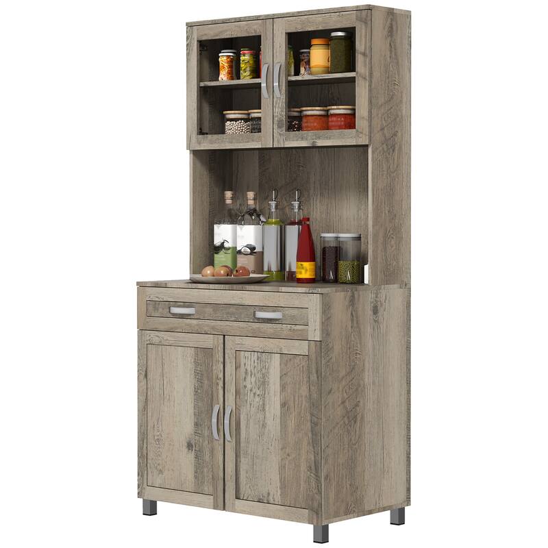 67" Retro Buffet with Hutch, Kitchen Pantry Storage Cabinet with Shelves, Drawers, Framed Glass Doors, Open Countertop