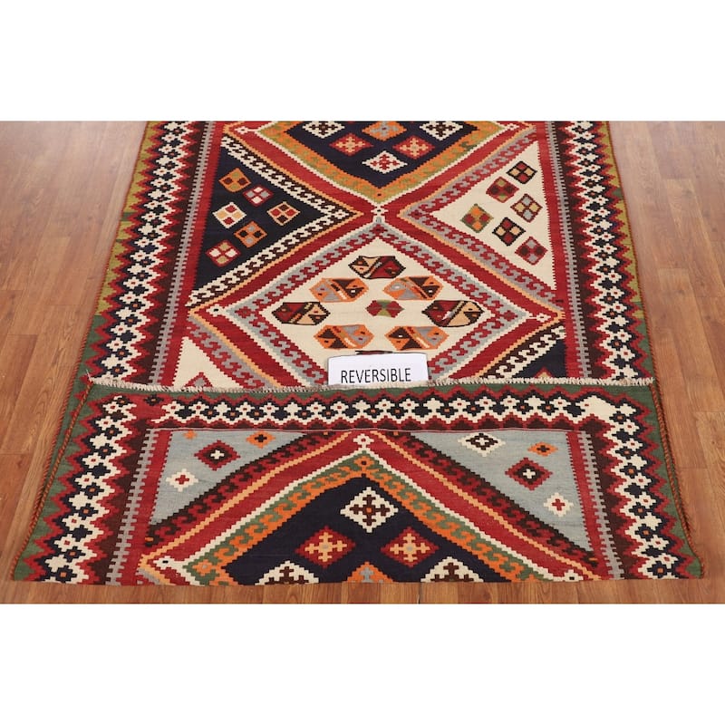 Vegetable Dye Geometric Kilim Qashqai Persian Vintage Wool Carpet - 4'10"x 8'1"