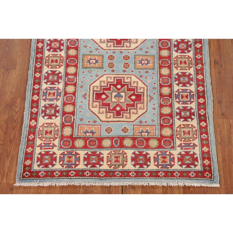 Light Blue Kazak Oriental Accent Rug Handmade Geometric Wool Carpet - 2'9" x 3'10"