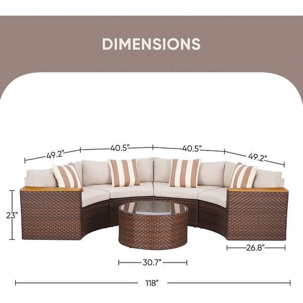 dimension image slide 2 of 3, Nuon 5-piece Outdoor Patio Conversation Sets Half Moon Furniture Rattan Wicker Sofa Sectional Set by Havenside Home