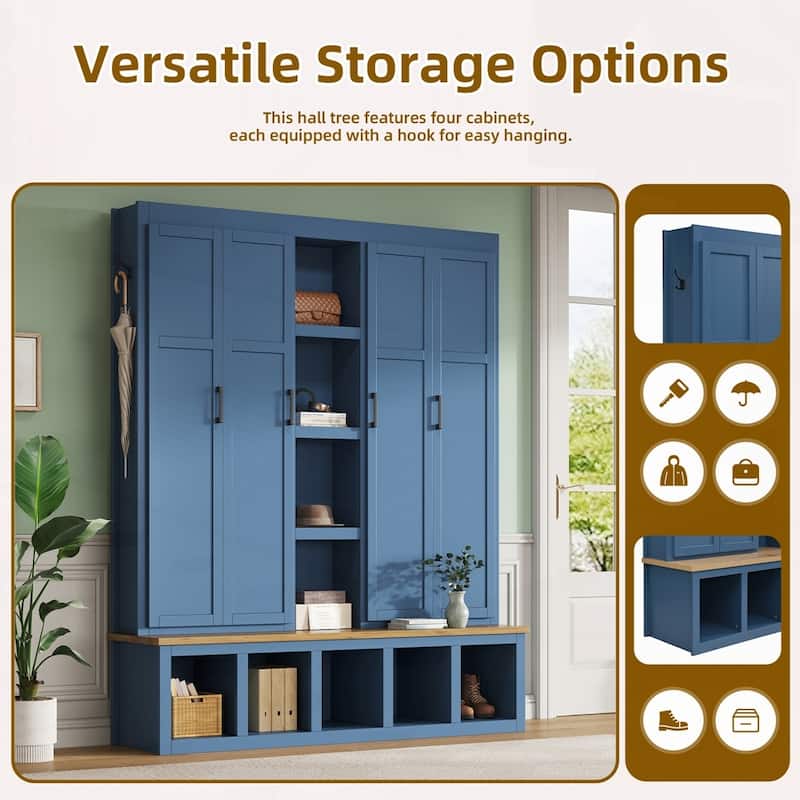 Farmhouse 4-in-1 Hall Tree with 6 Hanging Hooks, Mudroom Wood Grain Bench with Open Compartments