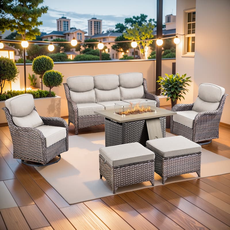Pocassy 6 Pieces Outdoor 6 Inch Sofa Swivel Chair Ottoman with Fire Table - Beige cushion - Brown Wicker