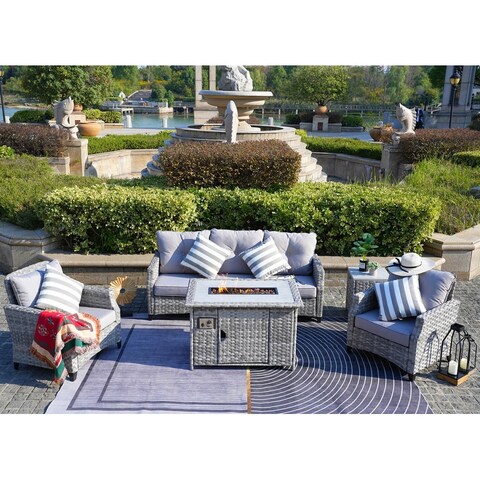 Braylee 5-piece Cushioned Patio Porch Sectional Set with Fire Pit and Rain cover