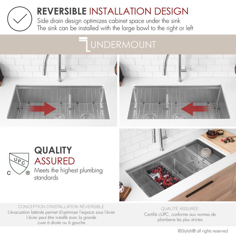 Stylish Versa36 Undermount 36" Double-Bowl Workstation Kitchen Sink - 36"x19"x10"