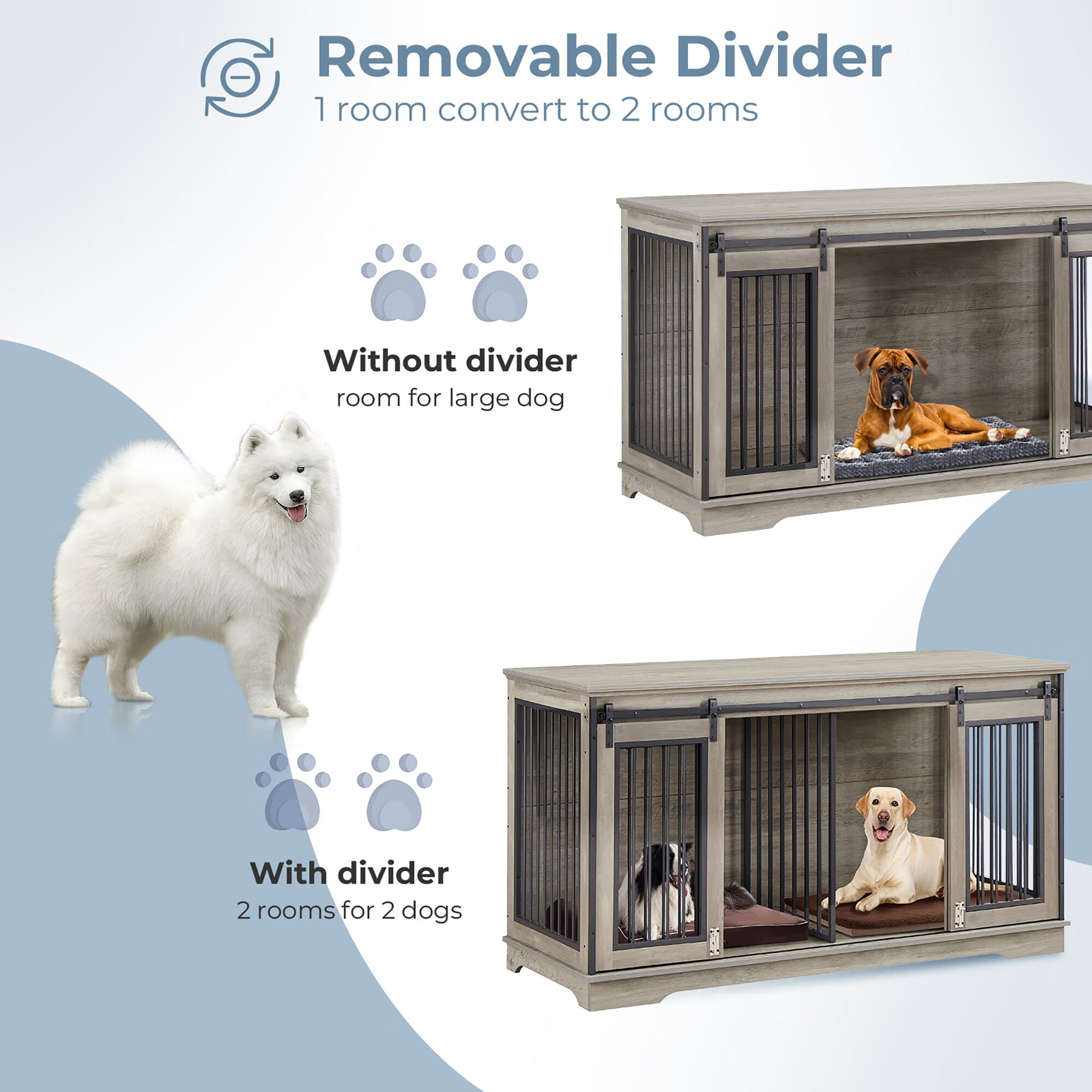 Sapphome Dog Crate Furniture Large Breed TV Stand with 2 Sliding Doors Grey