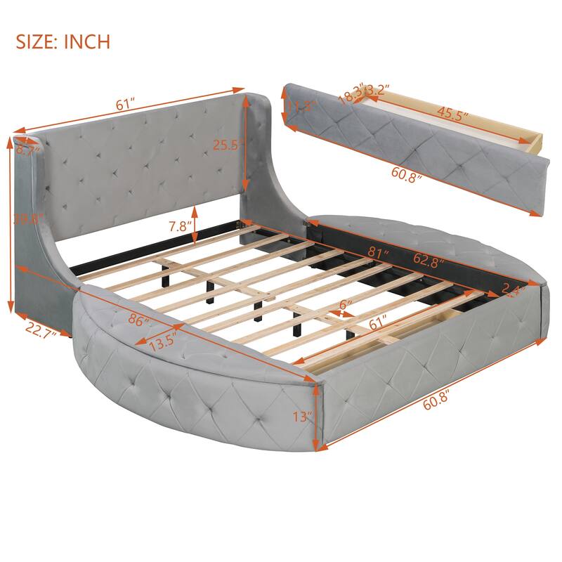 Low Profile Bed Queen Size Velvet Upholstered Platform Bed with Wingback Headboard, Big Drawer and 2 Semicircle Side Stools