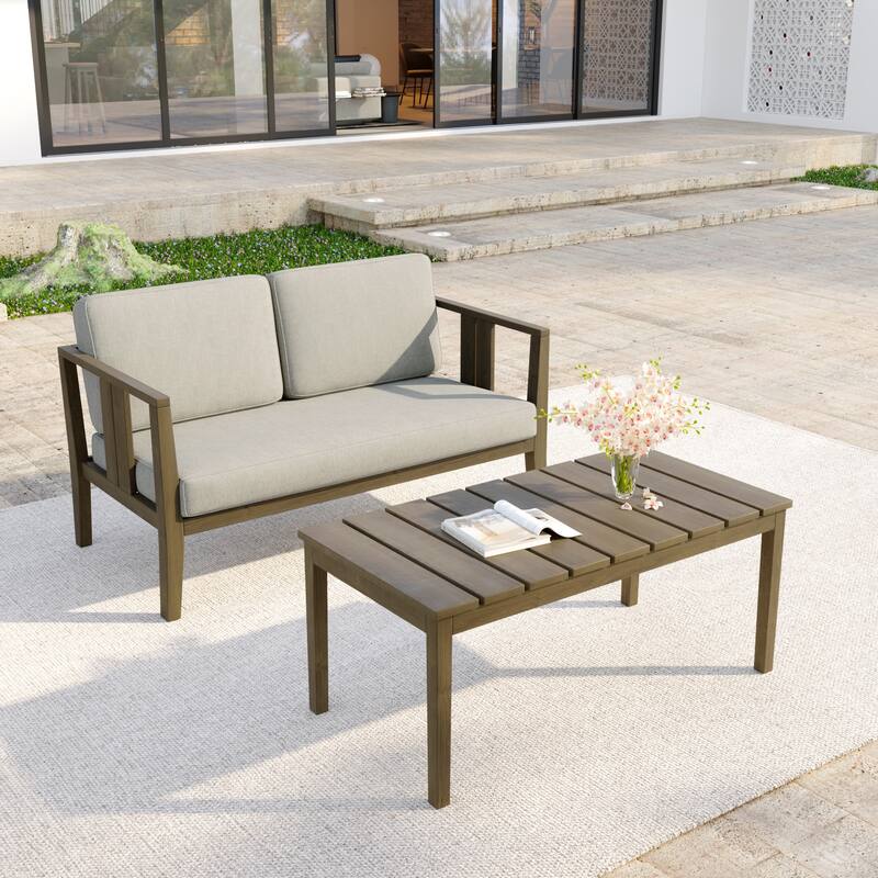 Casual 53"W Outdoor Patio Loveseat Set In Solid Teak Wood with Cushion - Natural Wood - Light Camel