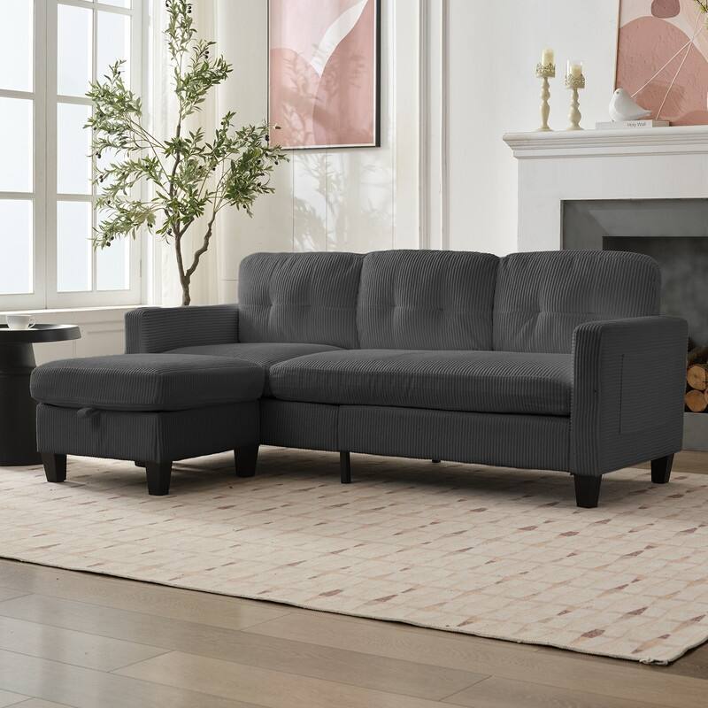 Mixoy 76'' L-Shaped Small Sofa Couch,3-Seater Corduroy Sectional Sofa with Storage Ottoman