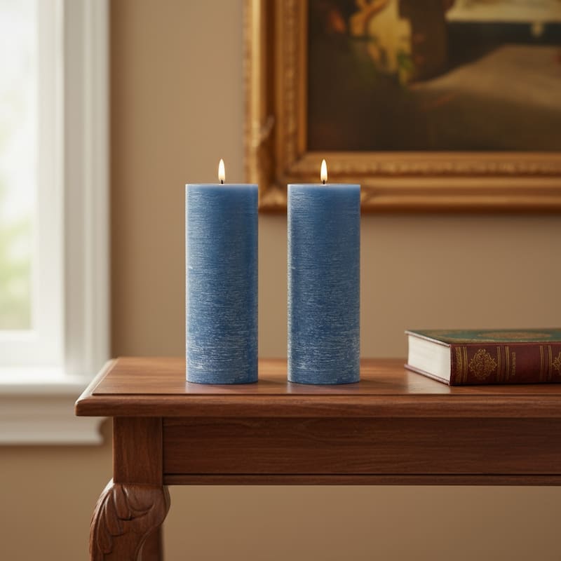 Set of Two Blue Flameless Pillar Candles - Blue