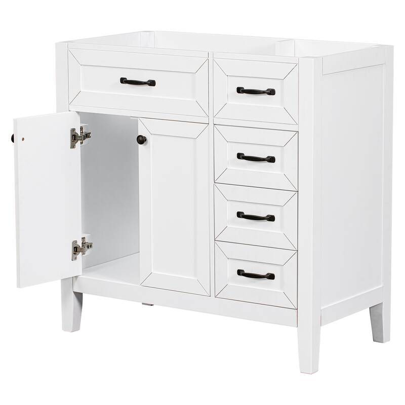 36" Modern White Bathroom Vanity Cabinet Base, 2 Doors & 3 Drawers, Solid Rubber Wood & MDF