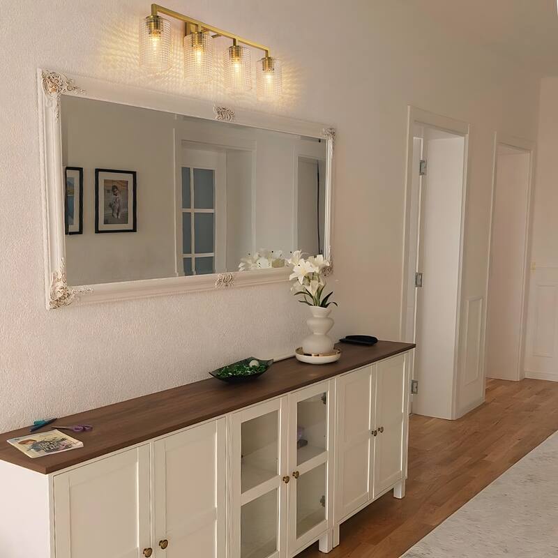 3/4-Light Modern Glass Wall Sconce Bathroom Vanity Light with Grid Glass Shades