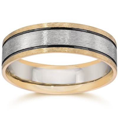 Double Inlay Brushed Wedding Band White & Yellow Gold