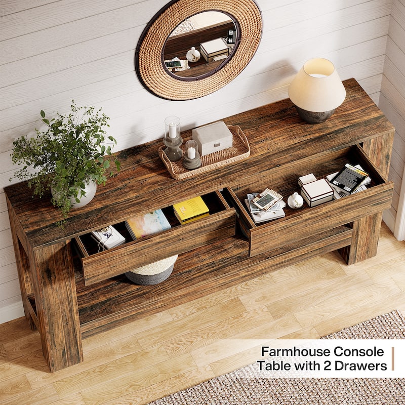 2-Tier Wooden Console Table with 2 Drawers for Entrance - /