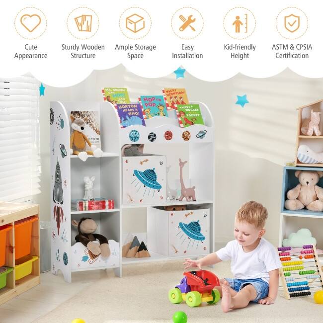 Kids Toy and Book Organizer Children Wooden Storage Cabinet with Storage Bins - 36.5'' x 11.5'' x 40'' (L x W x H)