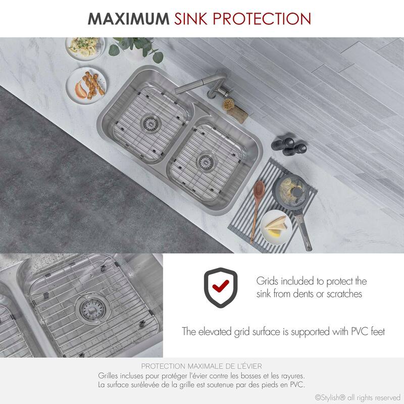 STYLISH 32.25 inch Low Divider Double Bowl Undermount and Drop-in Kitchen Sink - 32.25" x 18.9" x 9"