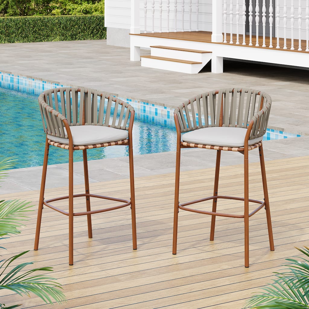 Lodi Outdoor Metal Rope Barstool, Teak Finished Frame and Beige Cushion, Set of 2