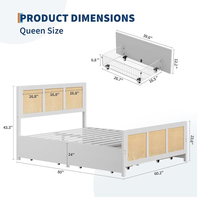 Rattan Bed Frame with Headboard, with 4 Drawers