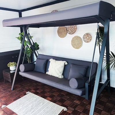 PURPLE LEAF 3-seat Outdoor Patio Porch Swing Adjustable Backrest, Cushions and Pillow Included