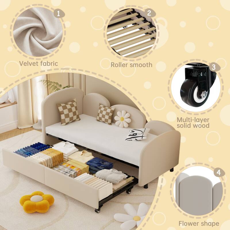 Flower-Shaped Velvet Daybed Frame with Under-Bed Storage - Twin Size Sofa Bed for Bedroom, Kids Room, Living Room, Gray