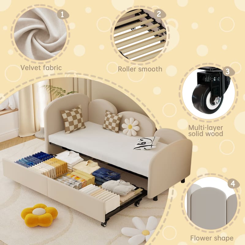 Twin Size Velvet Upholstered Daybed, Platform Bed Frame with Flower Design, Trundle Ideal for Bedroom and Guest Room