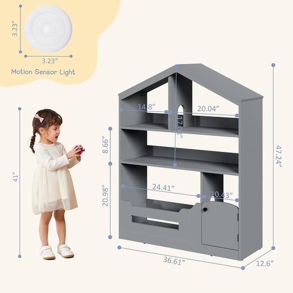 dimension image slide 1 of 2, Kids Bookshelf,Toy Storage Organizer,Wooden Toddler Bookcase with Motion Sensor Light