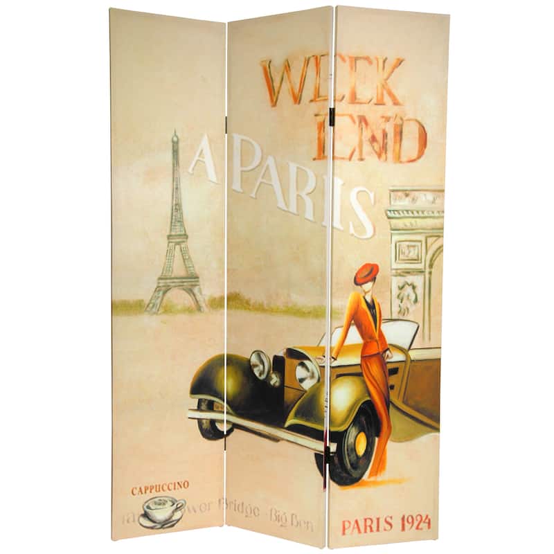 Handmade Canvas Double-sided 6-foot Vintage Weekend Paris Room Divider (China)