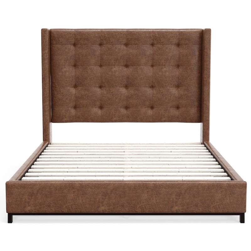 Tufted Wingback Bed - Faux Suede Platform Bed with Slats - Brown & Black