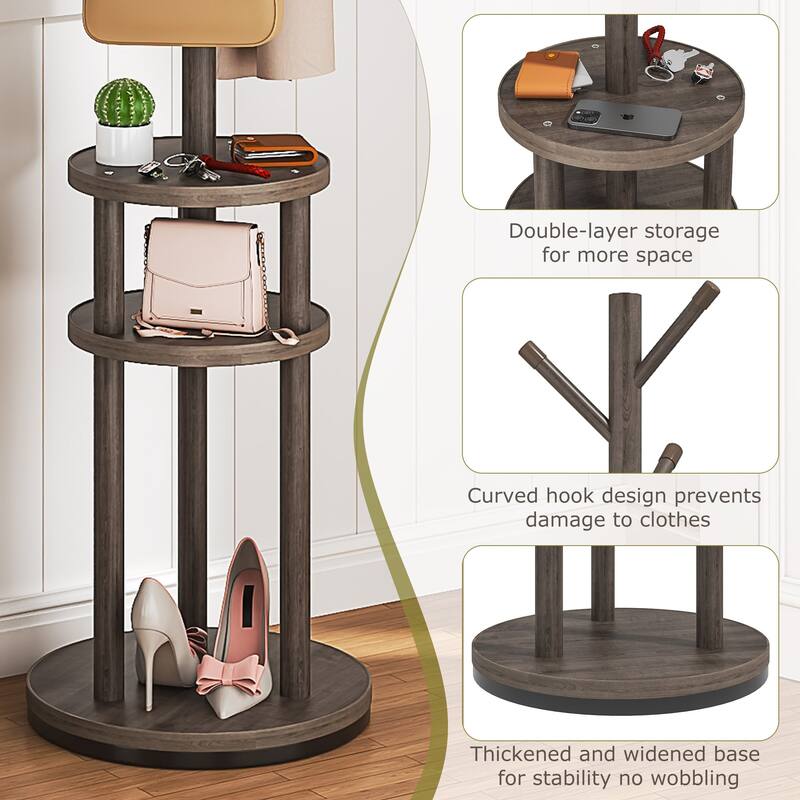 VECELO Modern Freestanding Coat Rack with 6 Branch Hooks Double Shelves, and Shoe Storage for Entryway Living Room Bedroom