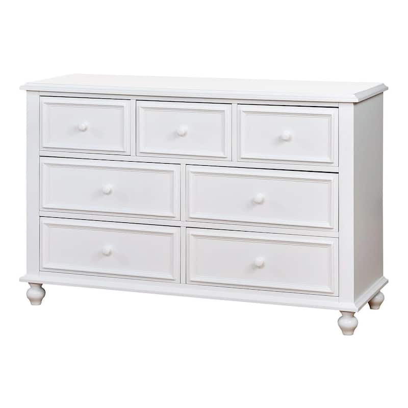 Kny Wide Dresser, 7 Drawers, Turned Feet, Traditional White Solid Wood