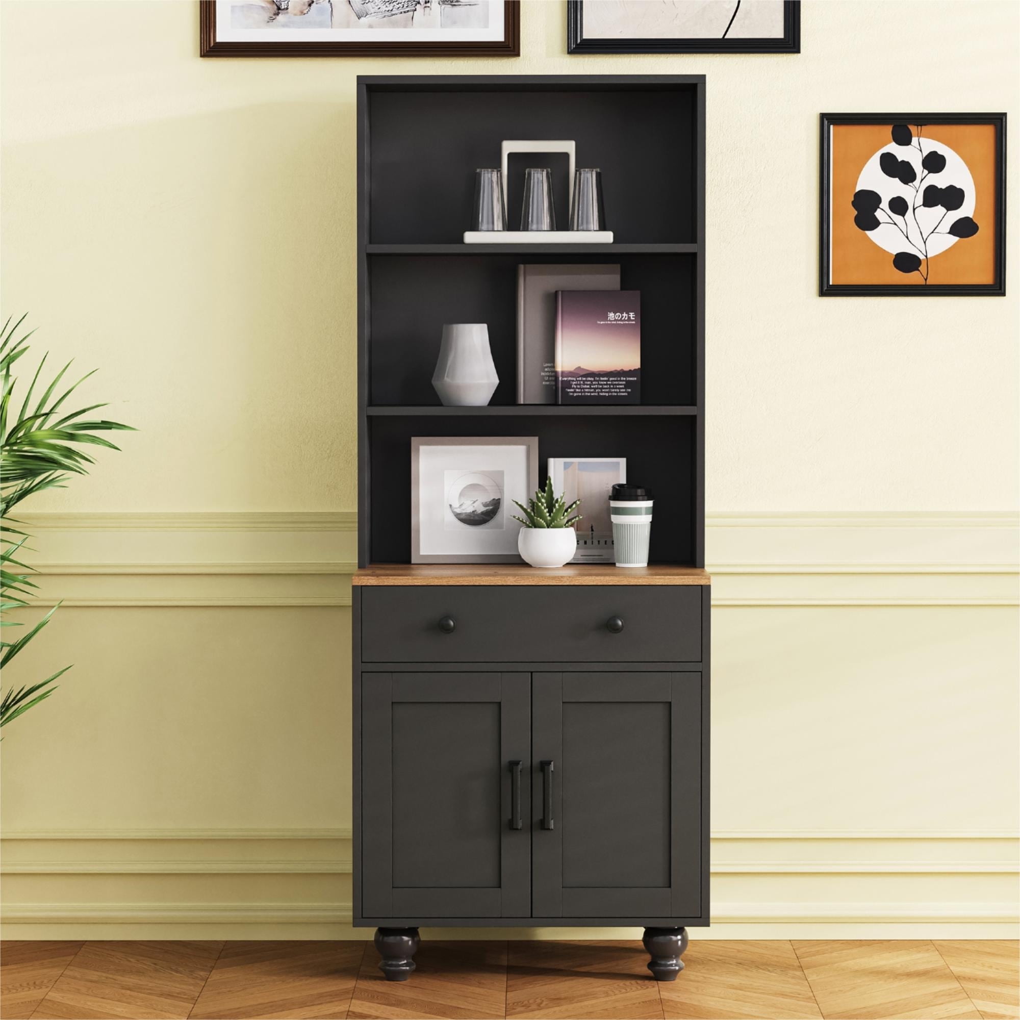 Farmhouse Storage Cabinet With 4 Solid Wood Gourd-Shaped Legs, Modern Kitchen Pantry Cabinet With Adjustable Shelves, 5 Tier