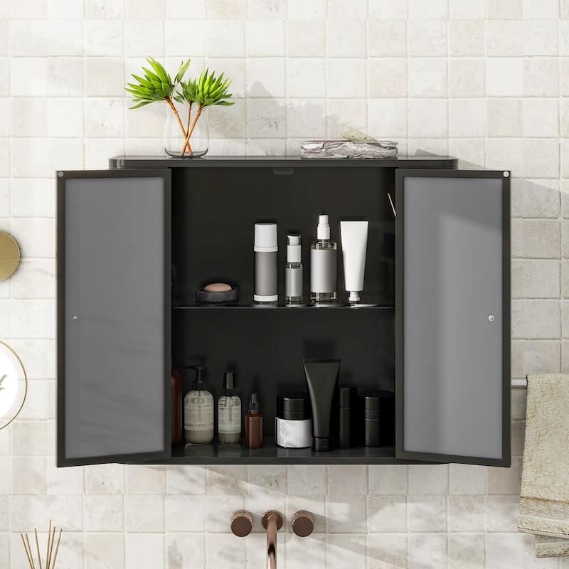 Wall-Mounted Bathroom Cabinet with Mirror, 2 Mirrored Doors & Open Shelf, Metal Frame Storage Cabinet with Open Compartment