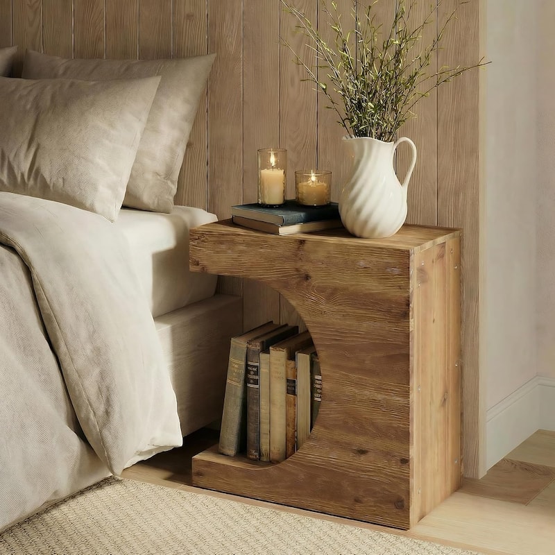 Solid Wood End Table, Modern C-Shaped Side Table with 2-Tier Storage, Minimal Rustic Couch Bedside Table Nightstand