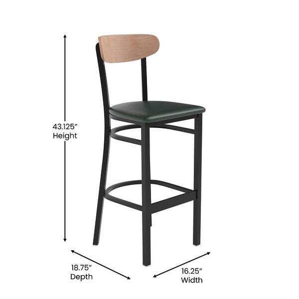 dimension image slide 9 of 13, Commercial Metal Barstool with Wood Seat and Boomerang Back