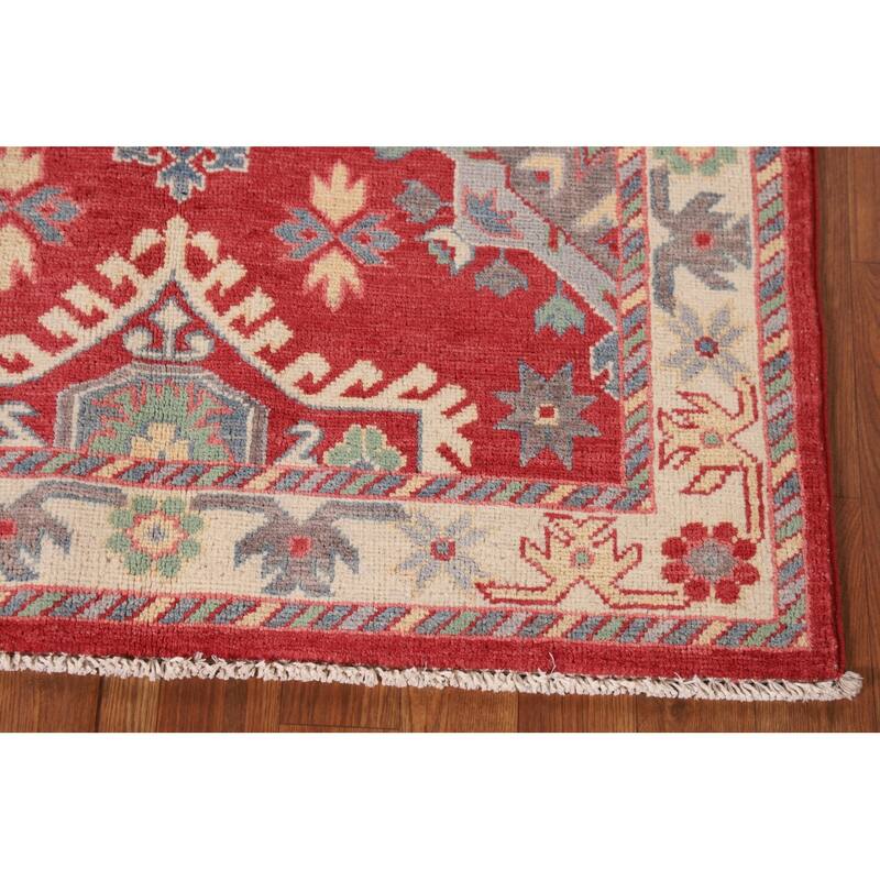 Red Kazak Accent Rug Handmade Geometric Wool Carpet - 3'4"x 4'8"