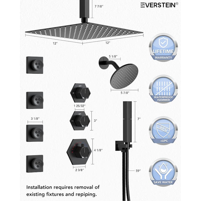 Dual Heads Thermostatic Shower Faucet with 12" Rainfall Shower, Handhels Spray And Body Jets - 12" x 6"