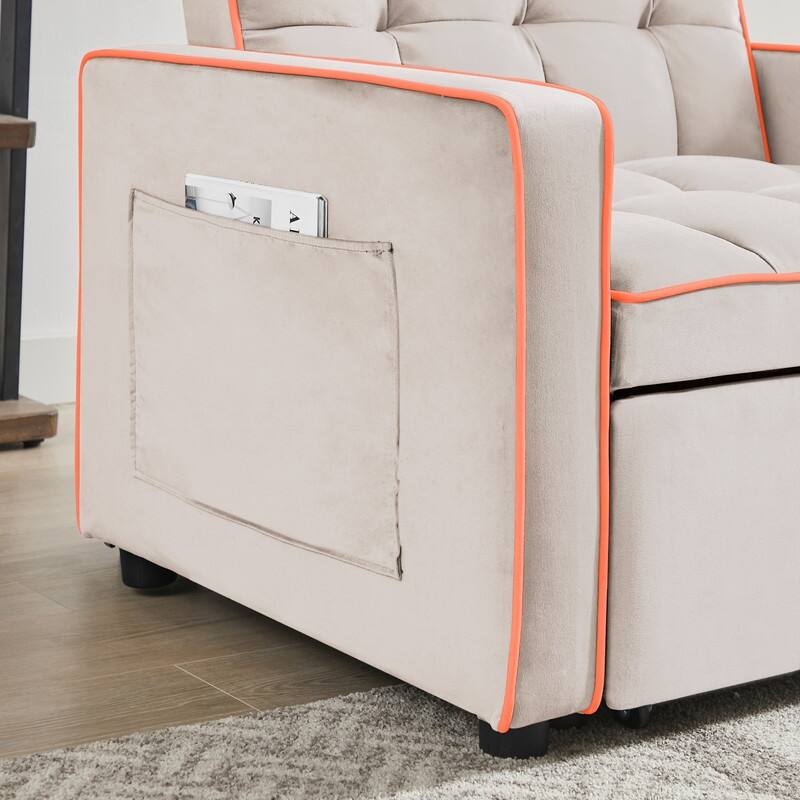 3 In1 Upholstered Sleeper Sofa with Poll out Bed,Adjustable Back and Side Pockets