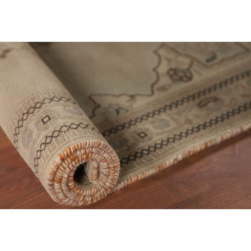 Geometric Tabriz Persian Vintage Rug Hand-Knotted Beige Wool Carpet - 3'6"x 5'3"