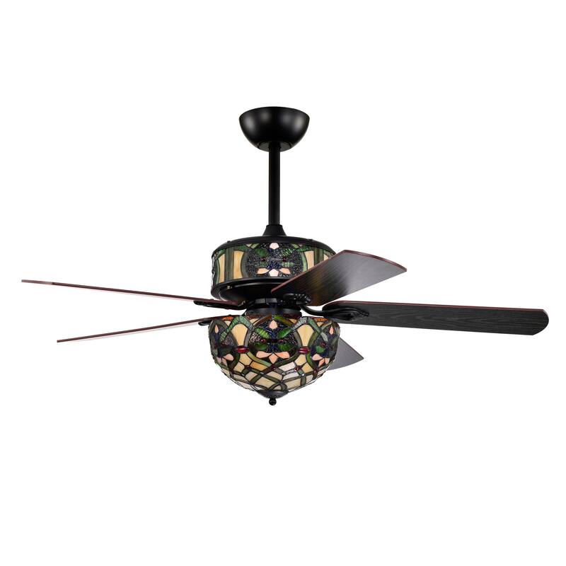 Parponk 52-Inch Flushmount Two-Tiered Lighted Ceiling Fan Green Hatch Tiffany Glass Lamp Black Finish