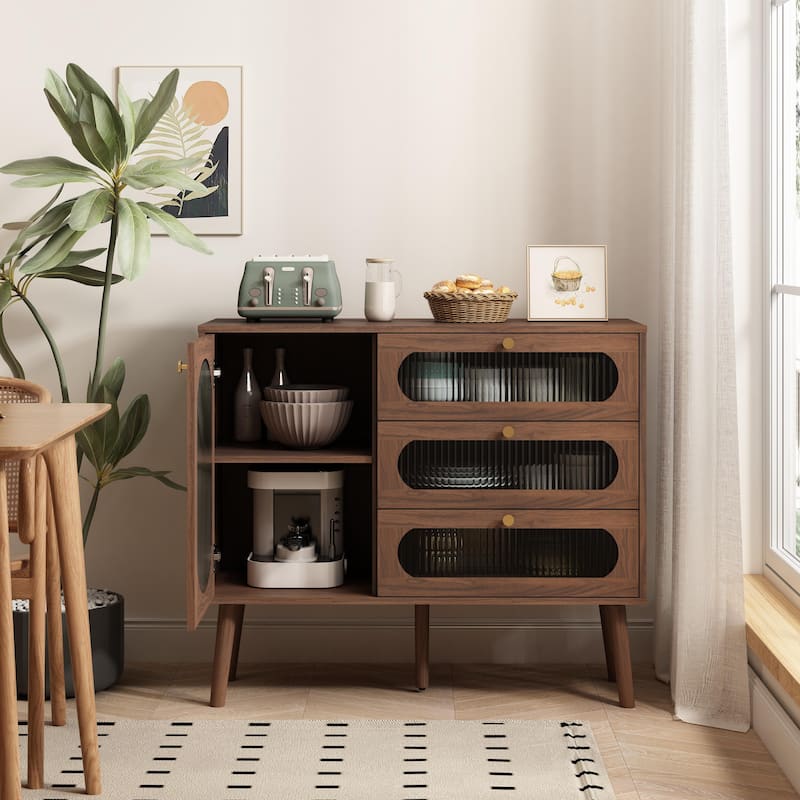 Accent Cabinet with 3 Drawers and Door, Wooden Storage Cabinet with Shelves, Sideboard for Living Room, Entryway, Natural