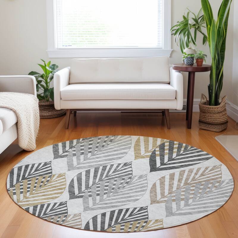 Premium Washable Super Soft Farmhouse Leaves Mayfield Rug - Silver - 8' x 8' - Round